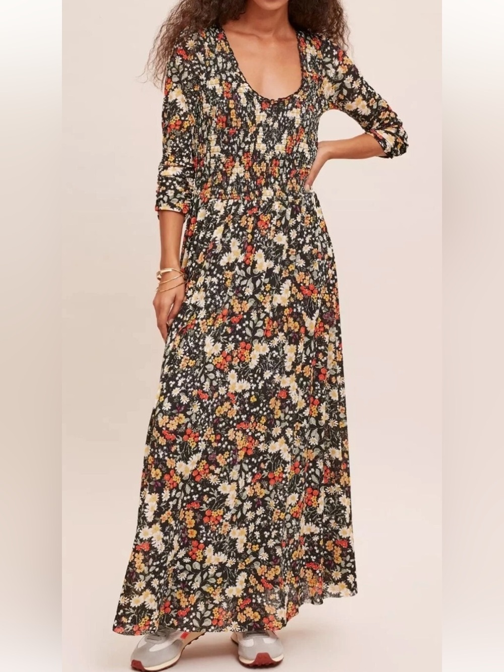 Anthropologie MAEVE Omya Smocked Floral Maxi Dress Black Multi XS